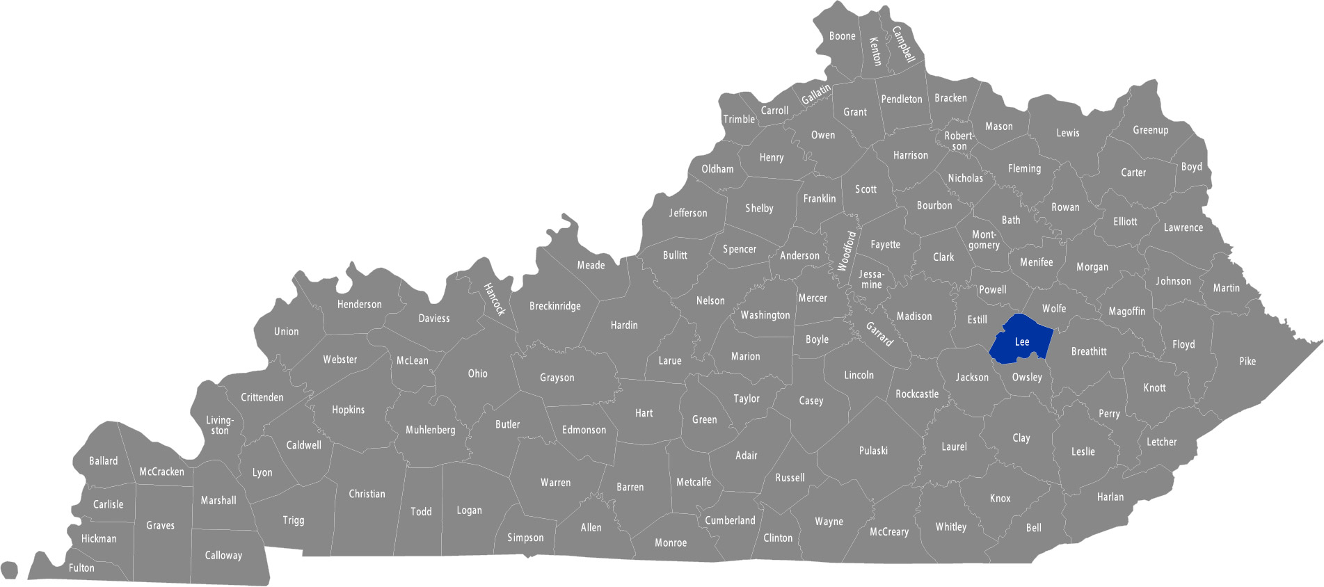 State of Kentucky map with Lee County highlighted 